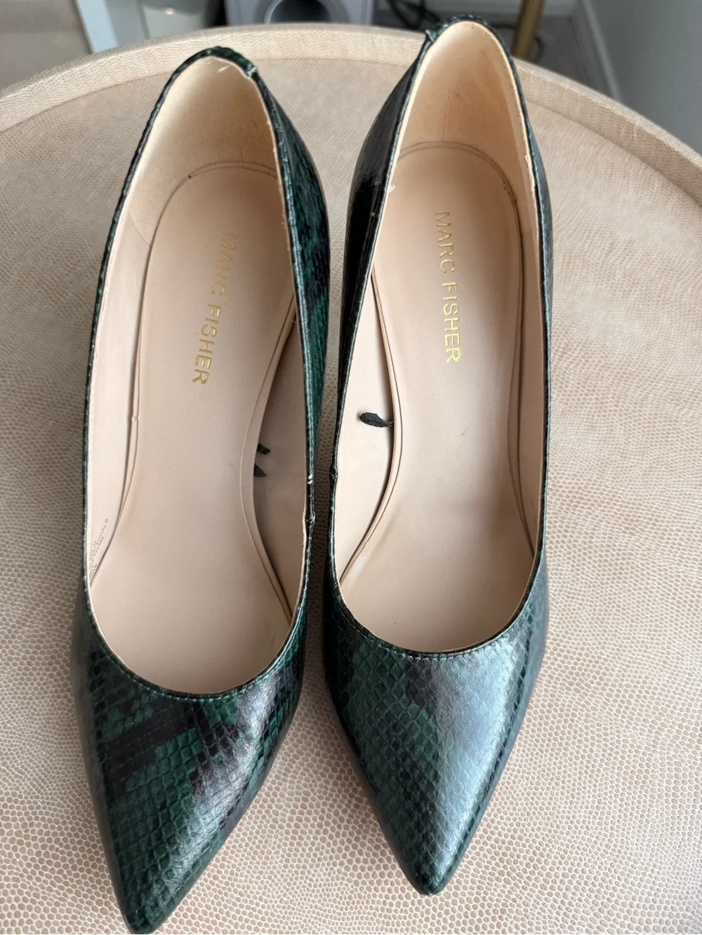 Marc Fisher Dark Green Snake-Print Pointed Pumps